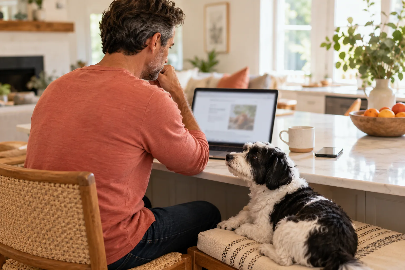 Owner at a desk with a dog nearby reviewing information on a screen